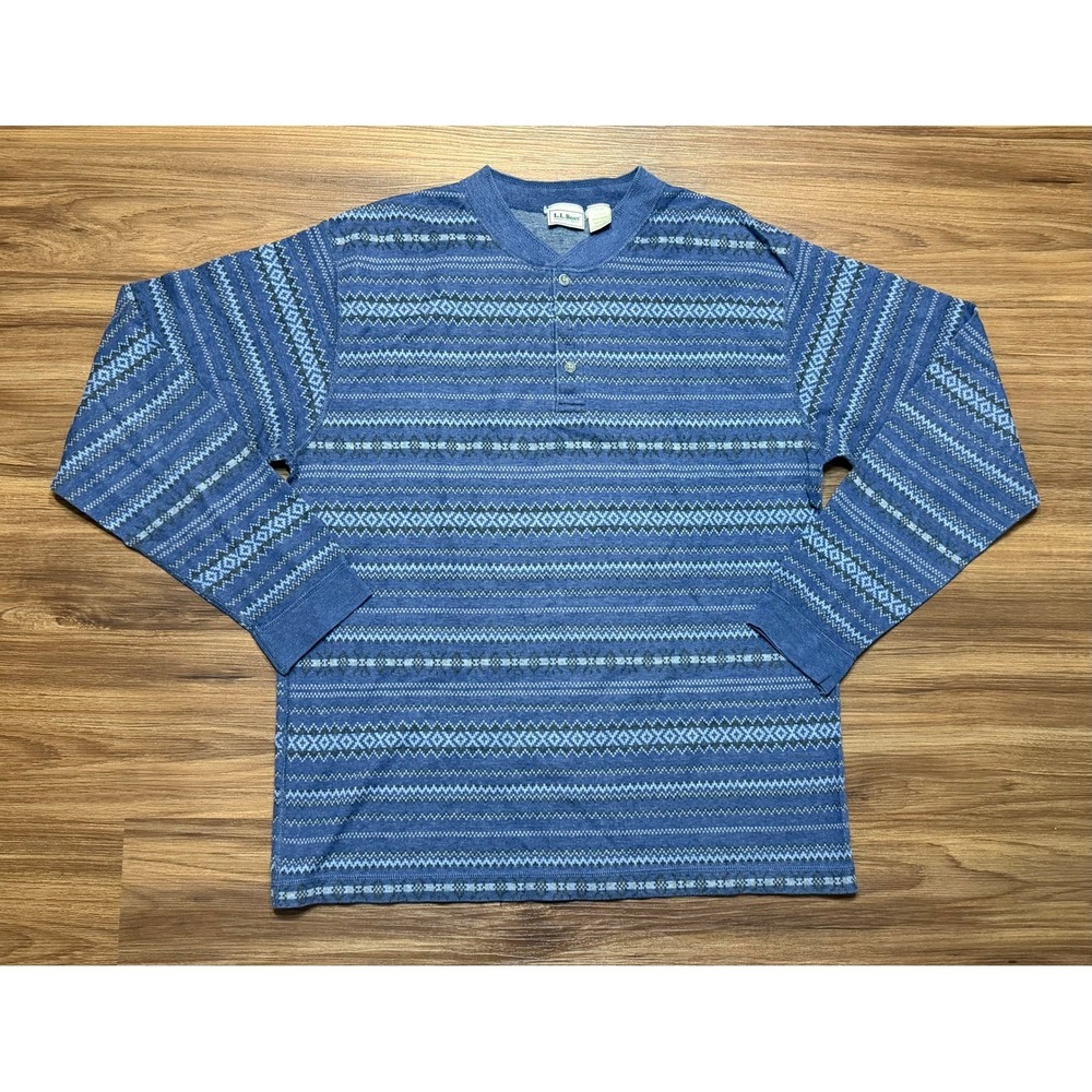Vintage LL Bean Blue Jacquard Pattern Cotton Long Sleeve Henley Shirt USA Sz L